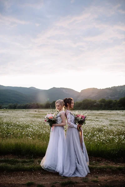 Two beautiful girls brunette and blonde enjoying Daisy field, nice long dresses, pretty girl relaxing outdoor, having fun, happy young lady and Spring green nature, harmony concept — Stock Photo, Image