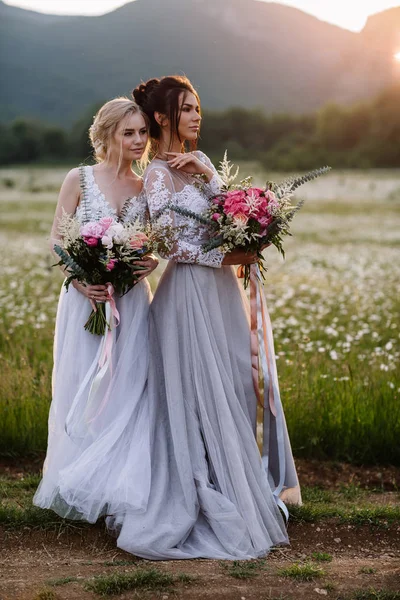 Duas meninas bonitas morena e loira desfrutando de campo Daisy, vestidos longos agradáveis, menina bonita relaxante ao ar livre, se divertindo, jovem senhora feliz e primavera verde natureza, conceito de harmonia — Fotografia de Stock