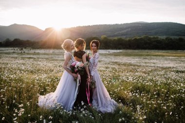 üç güzel kız esmer ve sarışın, kahverengi saçlı kadın zevk Daisy alan, güzel uzun elbiseler, açık rahatlatıcı, eğlence, mutlu genç bayan ve bahar yeşil doğa, uyum conce sahip güzel kız