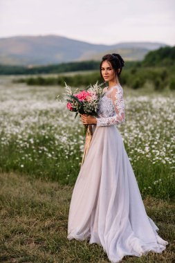Güzel kadın zevk papatya alan, açık rahatlatıcı, eğlenceli, mutlu genç bayan ve bahar yeşil doğa, uyum kavramı sahip güzel kız çiçek, çayırda uzanmış güzel kadın
