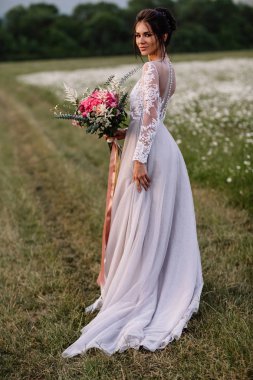 Güzel kadın zevk papatya alan, açık rahatlatıcı, eğlenceli, mutlu genç bayan ve bahar yeşil doğa, uyum kavramı sahip güzel kız çiçek, çayırda uzanmış güzel kadın