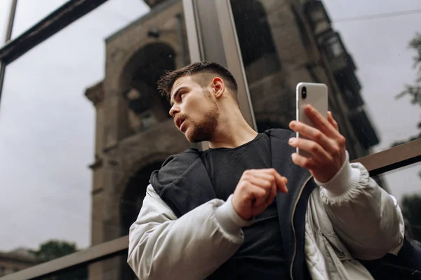 Portrait Happy Young Man Walking Street Looking Aside While Talking — Stock Photo, Image