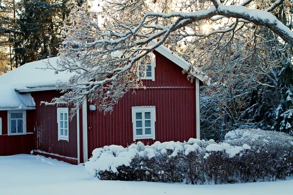 Fría casa de campo de verano y jardín en invierno — Foto de Stock