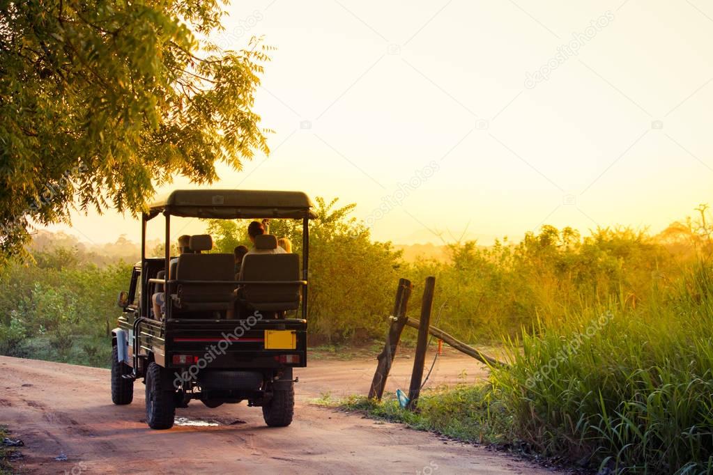 An open topped jeep carries tourists into the national park of U