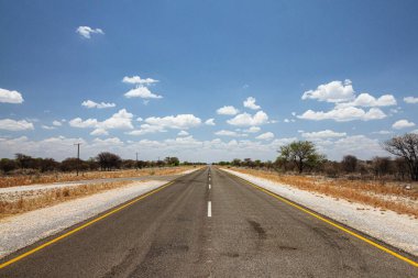 Kurak arazide sonsuzluğa giden uzun asfalt yol. Etosha ulusal parkına giden C38 yolu, Namibya, Afrika