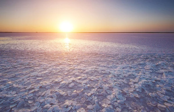Salt lake with pink salt in the foreground at sunset — Stock Photo, Image