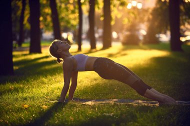 Pratik yoga, Purvottanasana egzersiz - gün batımında parkta yukarı doğru tahta poz germe genç kadın