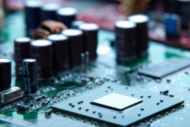 Mikroişlemci anakart arka plan ile. Bilgisayar yönetim kurulu çip devre. Mikroelektronik donanım konsepti.