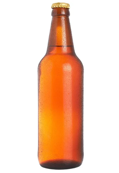 Garrafa de cerveja com gotas no fundo branco — Fotografia de Stock