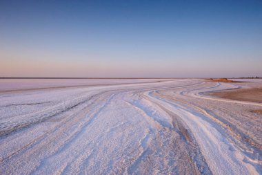 Tuz ve salamura mikroalg Dunaliella salina tarafından günbatımında renkli bir pembe Gölü