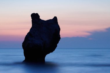Renkli yaz deniz manzarası. gün batımında kuşlar ile kayalık ada
