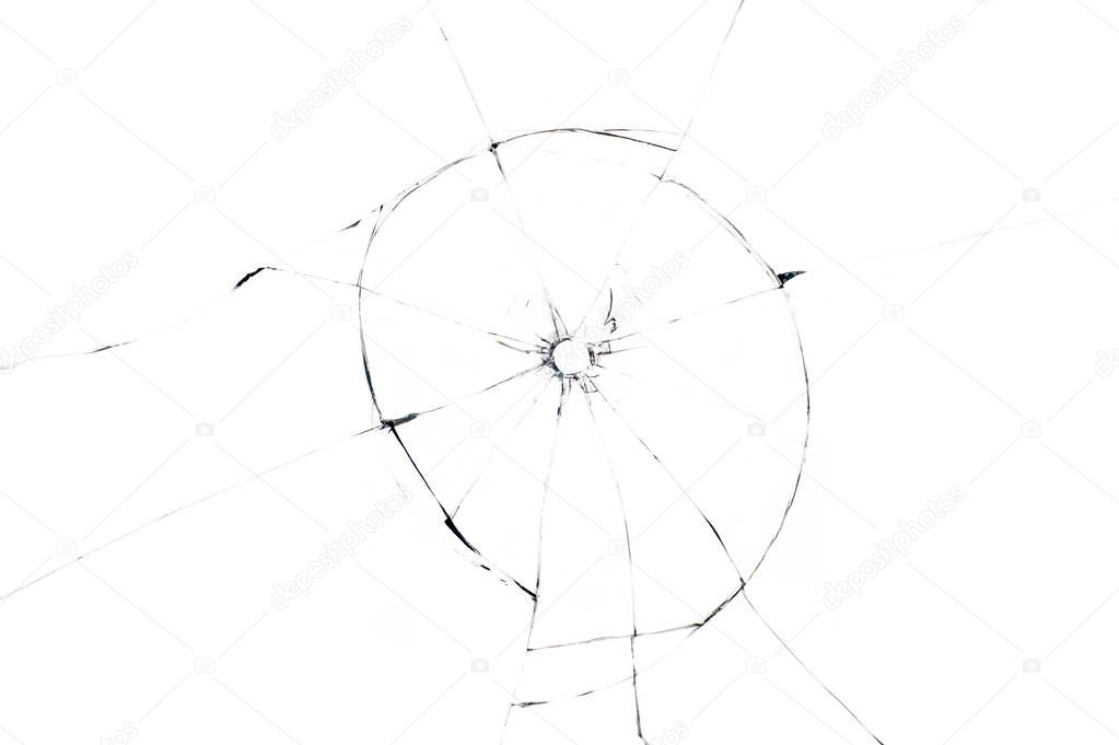 bullet hole in glass close up on white background