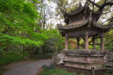 Geleneksel Çince çardak üzerinde sahil Batı Gölü, popüler Parkı Hangzhou City, Çin