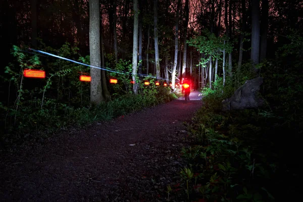 Trilha de luz traseira borrada de uma bicicleta de equitação à noite na floresta — Fotografia de Stock