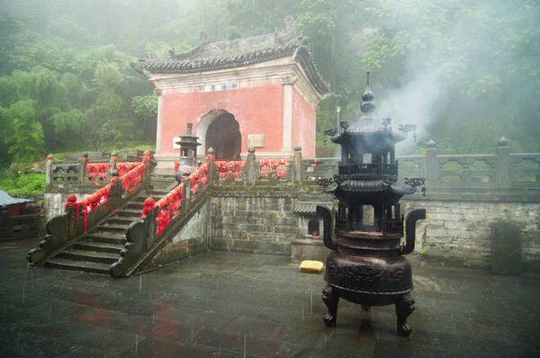 Beautiful architecture in Ancient Wudang temple at rainy day, WudangShan
