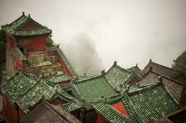 The roofs of the monasteries of Wudang in the fog.