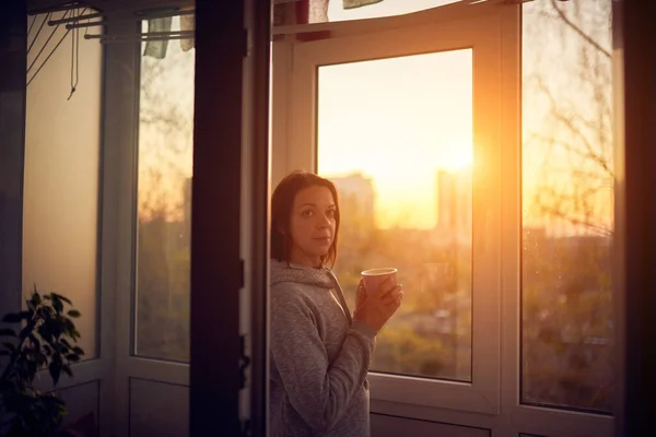 Woman Window Sunset Isolation Home Virus Outbreak Stay Home Concept — Stock Photo, Image