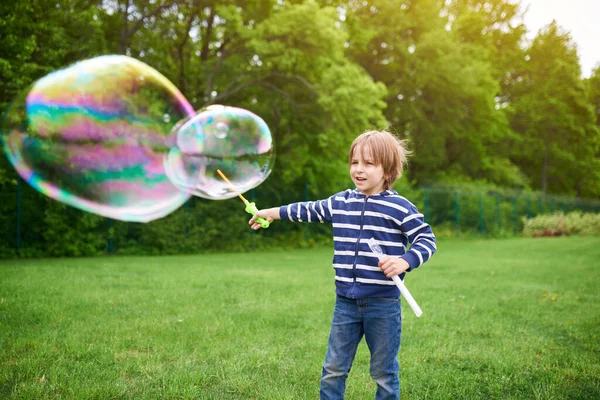 Draußen Porträt Des Niedlichen Vorschuljungen Der Seifenblasen Auf Dem Grünen — Stockfoto