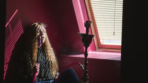 The Girl Portrait Smoking Hookah in a Bar Breath out Smoke — Stock Video