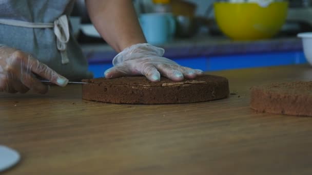 Kız bir çikolatalı pasta kesme — Stok video