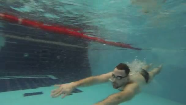 Guy Swims Wnder Water na piscina — Vídeo de Stock