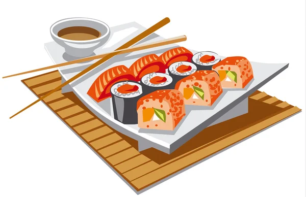 Sushi con salsa de soja — Vector de stock