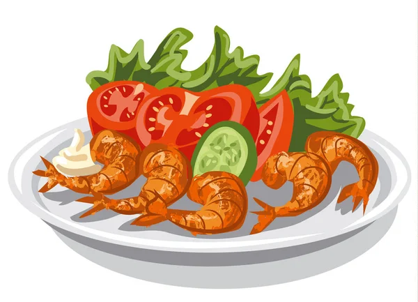 Креветки с салатом — стоковый вектор