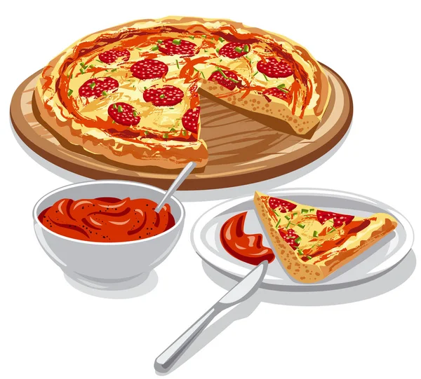 Pizza met tomatensaus — Stockvector