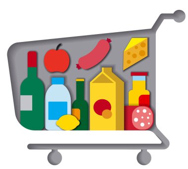 Alışveriş arabası ve yiyecek.