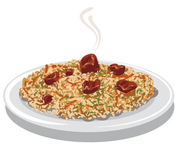 Pilaf caliente con carne — Vector de stock