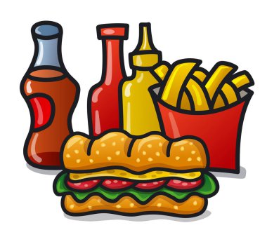 Beyaz arka plandaki fast food yemeklerinin çizimi