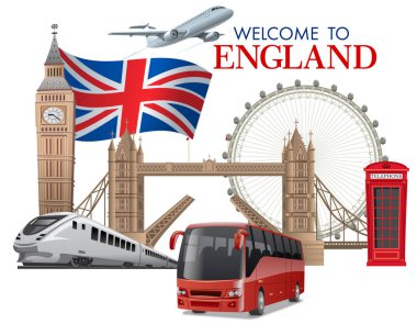Konsept illüstrasyon seyahat ve tur İngiltere ve Londra tren, uçak ve otobüs ile