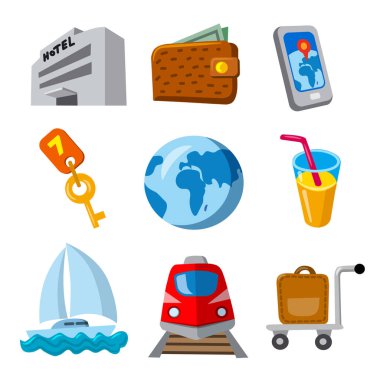 Çizgi film seyahat ve seyahat simgesi setinin çizimi