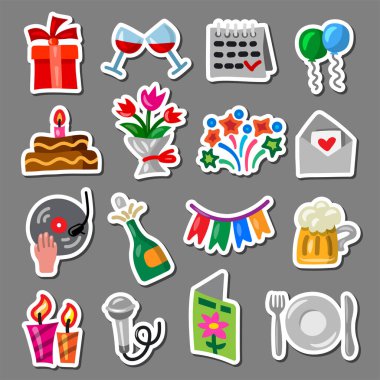 Renkli karikatür kutlamalarının ve olay çıkartmalarının çizimi