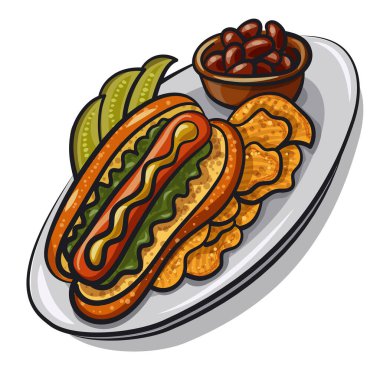 Chips, Pickle ve Beans ile Hot Dog 'un çizimi