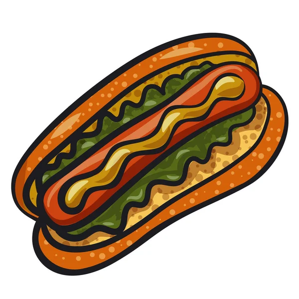 Ilustracja Hot Dog Sałatą Musztardą Białym Tle — Wektor stockowy