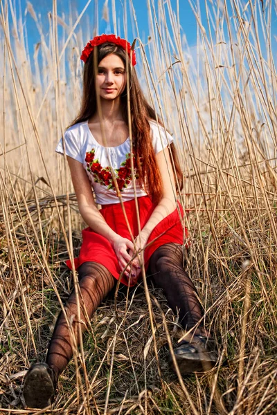 Dziewczyna w ukraińskim stroju narodowego, uśmiechając się, siedząc w trzcinach — Zdjęcie stockowe