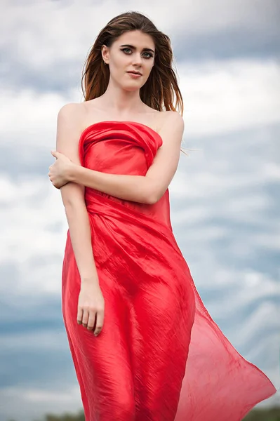 夏の草原に赤いケプロンの美しい長い髪少女 — ストック写真