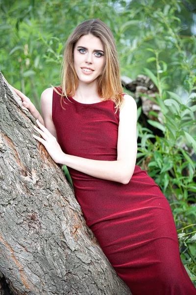 Joven Hermosa Chica Posando Vestido Borgoña Cerca Del Árbol Naturaleza —  Fotos de Stock