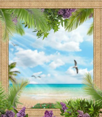 Çiçekli yaz manzaralı çerçeve