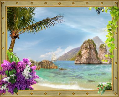 Çiçekli yaz manzaralı çerçeve