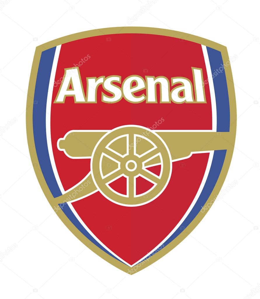 London, England Feb 20, 2017: Vector illustration of Arsenal F.C. logo on red and white stripes background.