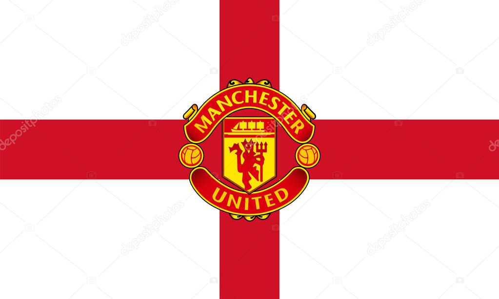 Manchester, England Feb 22, 2017: Vector illustration of Manchester United  F.C. logo on English flag background.