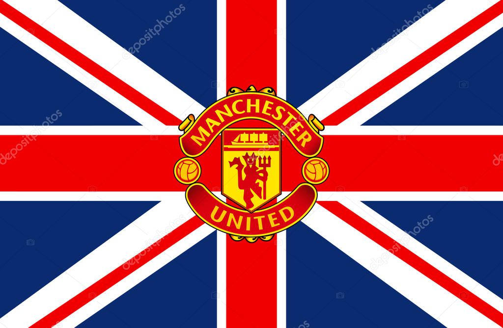 Manchester, England Feb 22, 2017: Vector illustration of Manchester United  F.C. logo on British flag background.