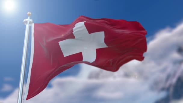 Geweldige wuivende slowmotion Zwitserse vlag. — Stockvideo
