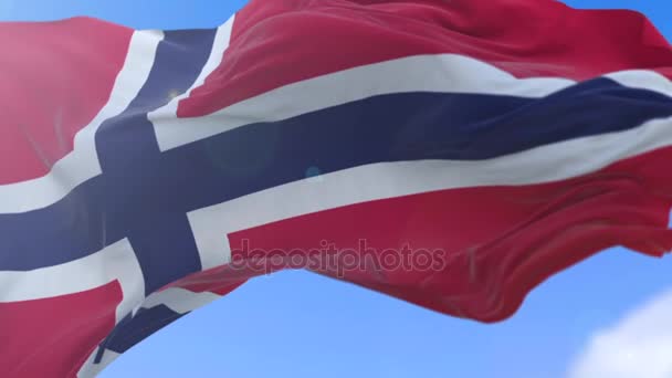 Geweldige wuivende Noorse vlag op slow motion. — Stockvideo