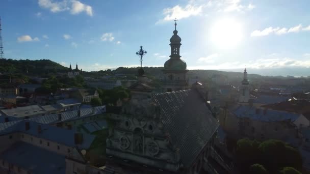 AERIAL flight around ancient church in Lviv. 4K. — Stock Video