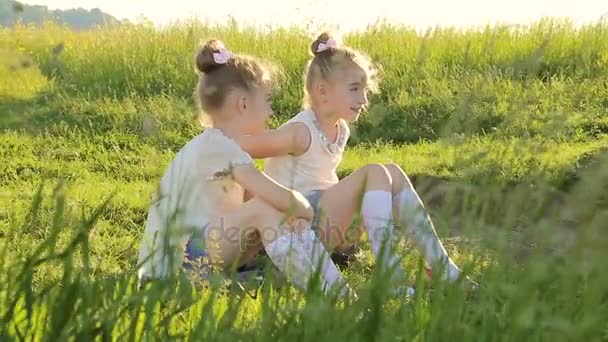 Две маленькие девочки, сидящие на траве, весело разговаривают — стоковое видео