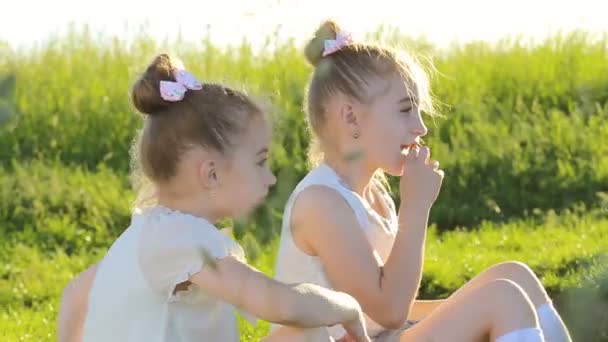 Dos niñas sentadas en la hierba hablando se divierten — Vídeo de stock