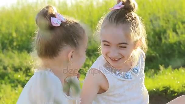Две маленькие девочки, сидящие на траве, весело разговаривают — стоковое видео